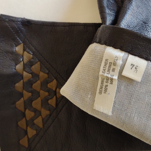 BLACK LEATHER GLOVE SILK LINING CARAMEL BRAID ITALY Classy Lady - Picture 4 of 9